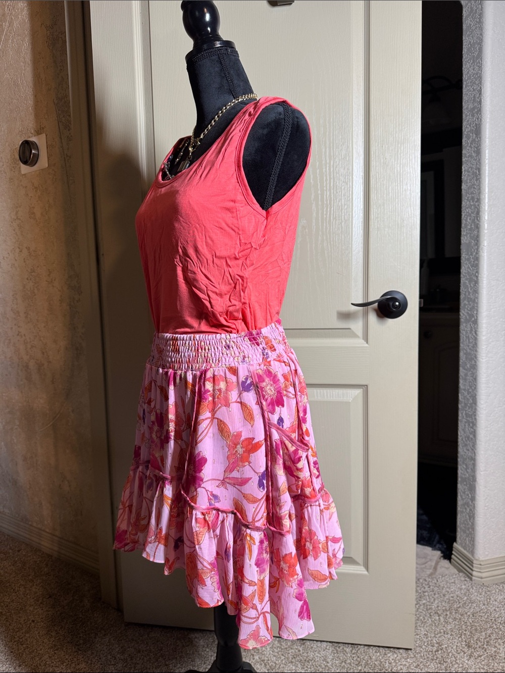 Misa Los Angeles Pink Floral Mini Tiered Skirt with Sleeveless Coral Top